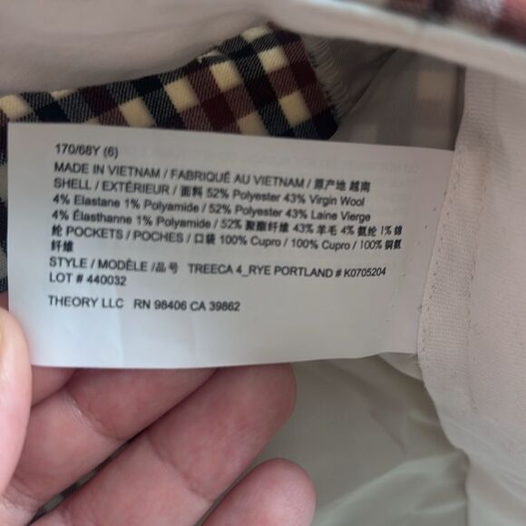 Theory Treeca Rye Portland Plaid Checkered Flat Front Ankle Trouser Pants Sz 6 - Picture 6 of 8